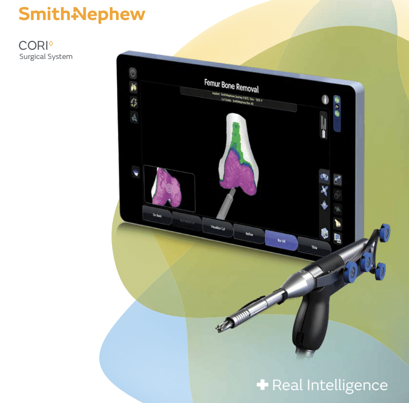 A surgical device sitting next to a tablet. The tablet shows a 3D image of a knee.