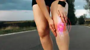 A woman who is playing sports stops her workout because of knee pain. A red circle radiates from her knee showcasing that she may have a knee injury. Knee pain can a sigh of mcl injuries, acl injuries, or even meniscus tears.